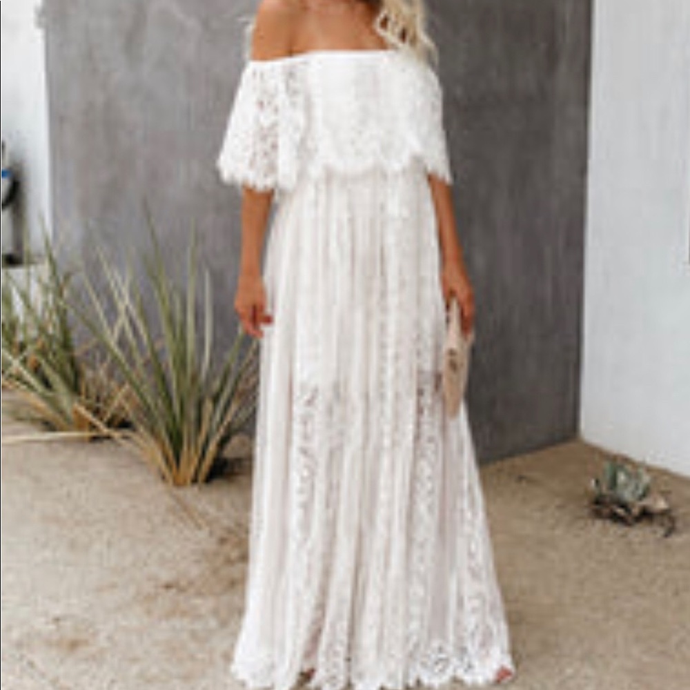 Off the should white lace maxi dress
